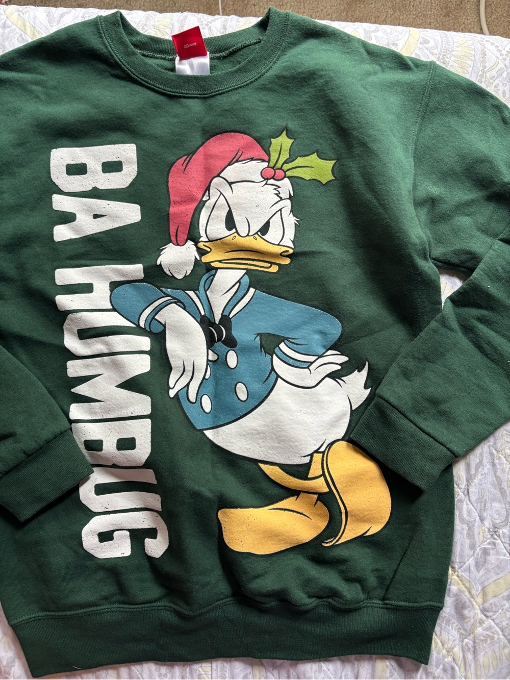 Disney Green Donald Duck Holiday Sweatshirt with Red Santa Hat